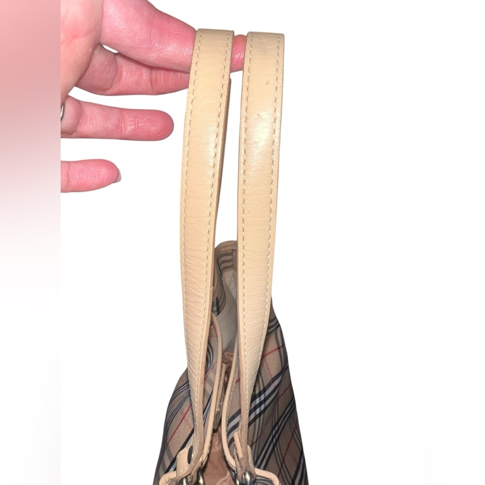 Burberry Nova Check Canvas Leather Tote Tan Black Red Traditional Plaid Pleated - Picture 9 of 16